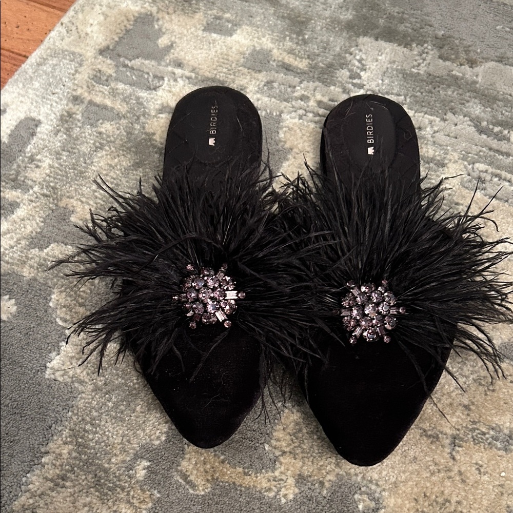 Birdies Black Feathered Mules with Crystal Embellishment